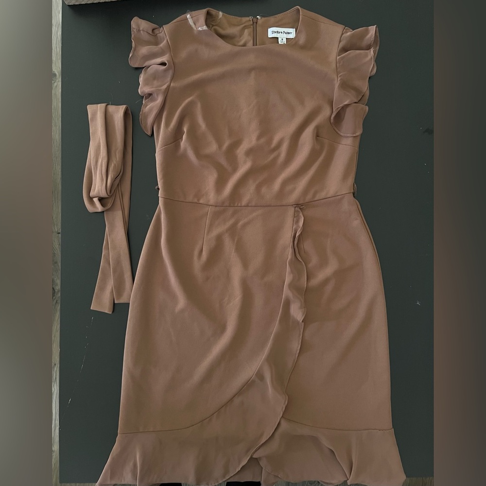 Shelby & Palmer Brown Silky Dress with Ruffle & Belt Sz 8